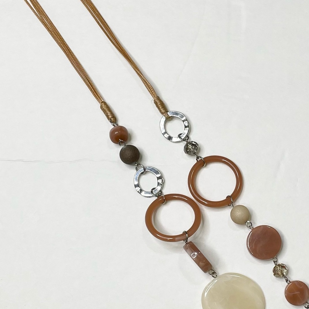 Long Beaded Silver Statement Necklace & Circle Dangle Earring Set Neutrals - Picture 3 of 5